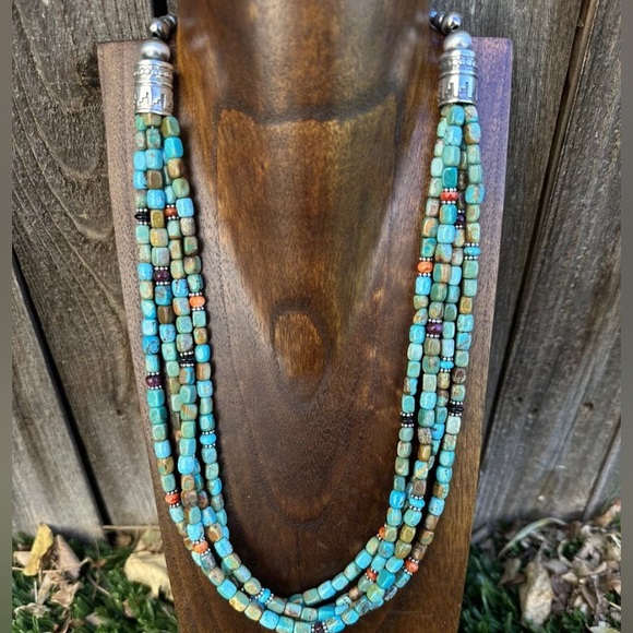 Sterling Silver Multi Strand Blue Green Turquoise Stone Bead Necklace 24 inch